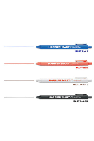 HAPPIER MART 0.5mm pens in blue, red, white, and black, side view