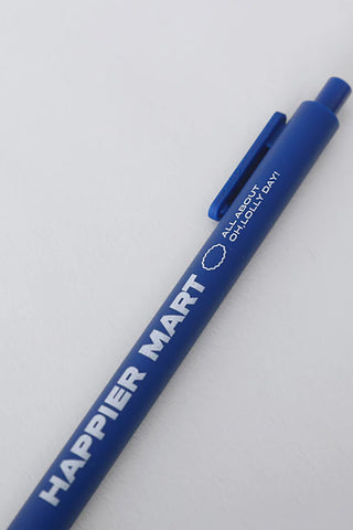 Blue HAPPIER MART 0.5mm pen with clip and printed barrel text
