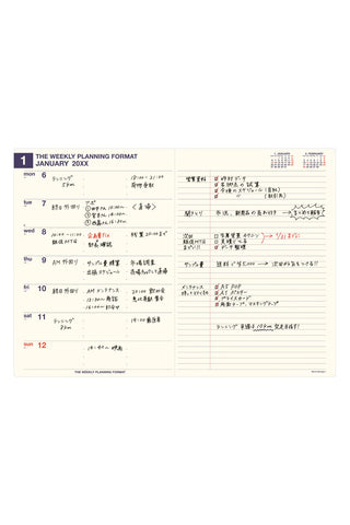 Open A5 left weekly planner pages with dated sections and memo lines