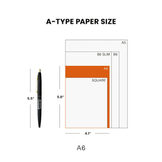 A6 paper size guide with A5/B6 markings and orange A6 block cover