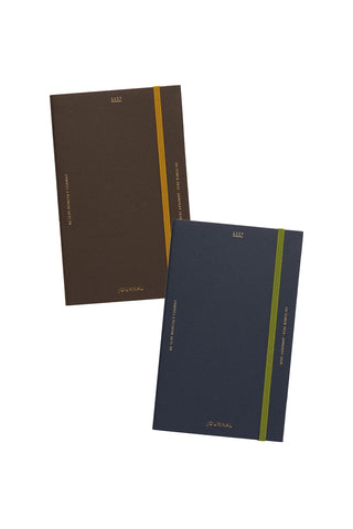 Slim monthly planner covers, navy and brown with yellow spine band and stitched edges