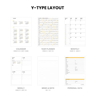 Y-type planner layout overview showing calendar, year, weekly, memo, and monthly blocks