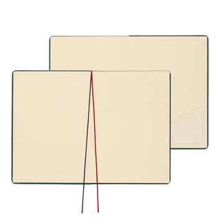 Planner cover insert with two cream sheets and red tying strings, side view