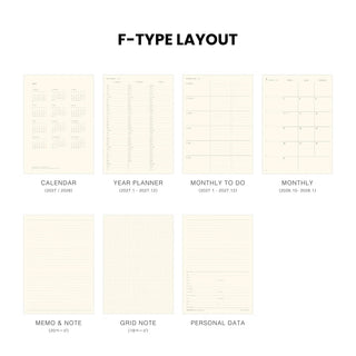 F-type layout diagram with multiple calendar and note page thumbnails