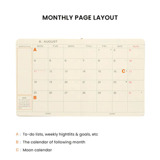Monthly page layout for August with date grid and legend notes