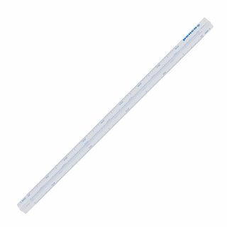 Silver aluminum metric drafting scale with blue measurement numbers and lines