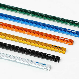 Aluminum metric drafting scale set with yellow, blue, green, orange, and black markings