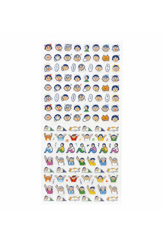 Human character sticker sheet with patterned cartoon faces and colorful outfits