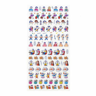 White sticker sheet with rows of cartoon people, pets, and cafe icons