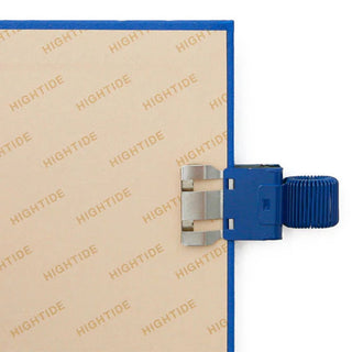 Blue slide clip pen holder with ribbed grip end and metal connector tabs.