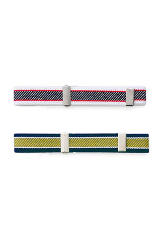 Wide adjustable book band with striped elastic and silver metal clasps