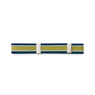 Wide adjustable book band, navy and yellow striped elastic with silver clasps