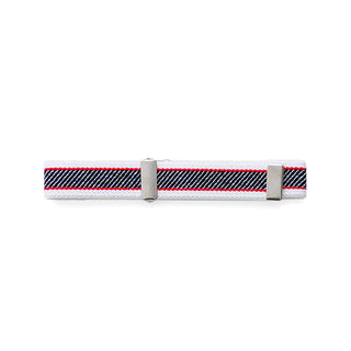 Wide adjustable book band, white striped elastic with red and black accents