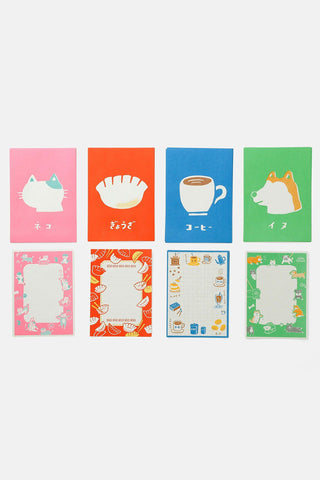 Retro letter set cards with cat, ramen, coffee, and dog designs, assorted colors
