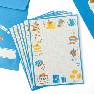 Blue retro letter set letter sheets with coffee, drink, and cup illustrations
