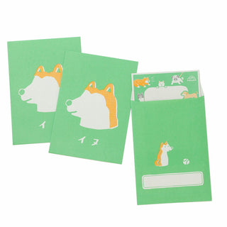 Green retro letter set cards with cat and dog illustrations and blank window label