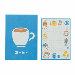 Blue cafe letter cards with coffee cup icon and grid illustration, set of two