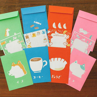 Retro letter set with multi-color envelopes featuring cats and cafe-themed icons