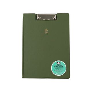 Khaki green clipboard with silver metal clip and round brand badge on front