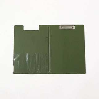 Khaki green open clipboard with silver metal clip at top and inner writing surface