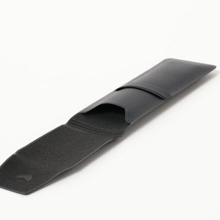 Black pen case with curved flap and textured surface, BEAMS Japan logo patch