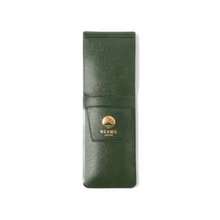 Green leather-look pen case with snap closure and BEAMS Japan logo badge