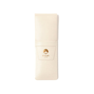 White leather-look pen case with BEAMS logo and wrap-around flap.