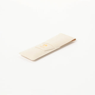 Beige leather-look pen case with BEAMS logo patch on front flap.