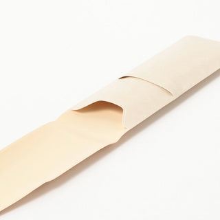 Beige leather-look pen case shown open with wrapped flap and interior pocket.