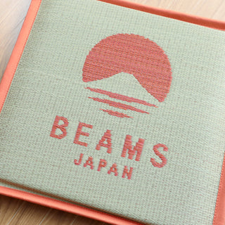 Orange BEAMS JAPAN cushion close-up: woven square cover with logo and BEAMS lettering