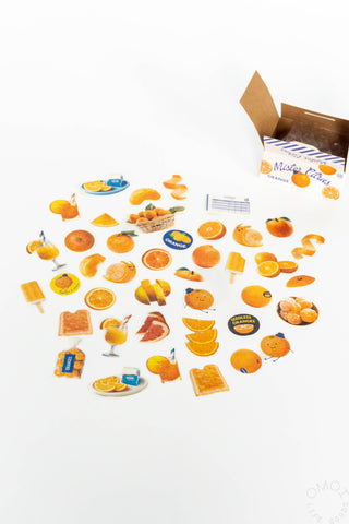 Orange snack sticker seal set with many mini stickers and open carton