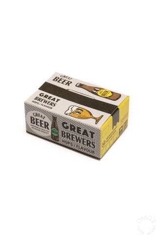 Sticker seal box with yellow beer-themed package and seal label