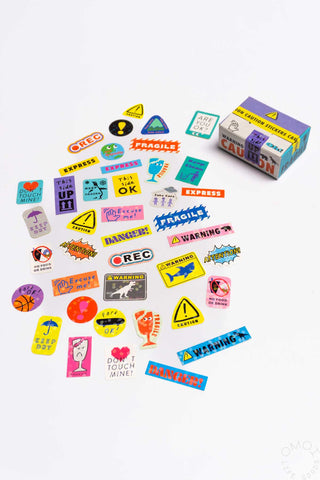 Sticker seal box with warning, fragile, and shipping label style stickers
