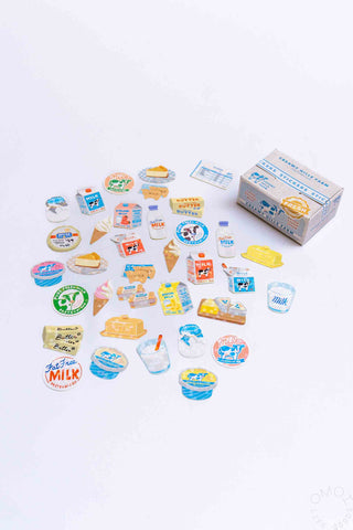 Hako seal sticker box with assorted food-themed round and square stickers