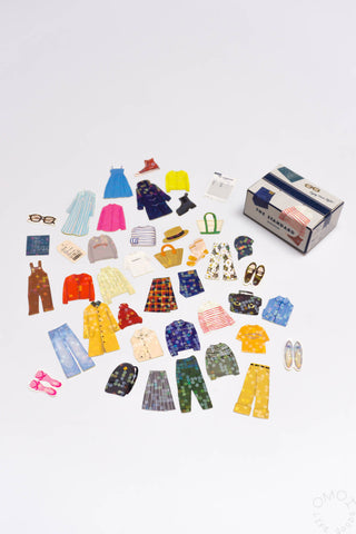 Clothing-themed seal sticker set with multiple outfits and a small cardboard box
