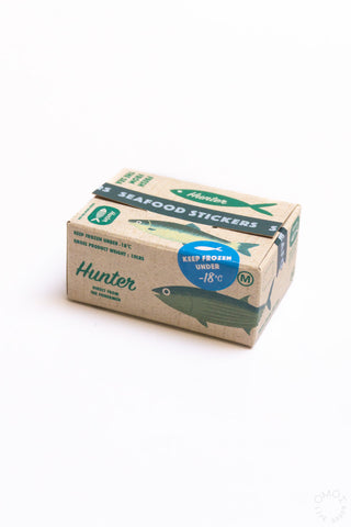 Seafood-themed seal sticker box labeled 'Shelf Food Stickers' in green and blue