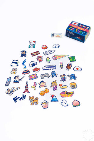 Culture-themed seal sticker set with character icons scattered around a small box