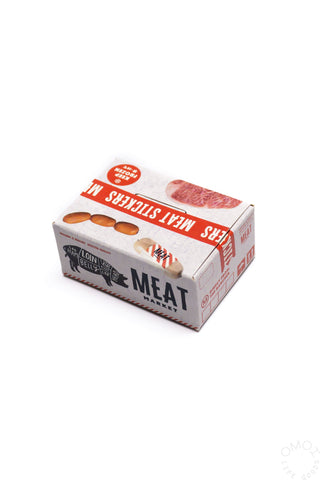 Meat-themed seal sticker box with “MEAT” text on the front panel