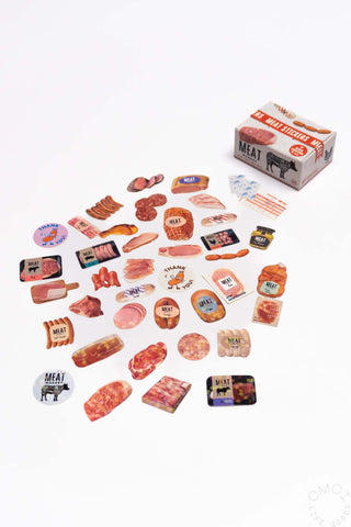 Meat seal sticker set with assorted food seals and a small “MEAT” themed box