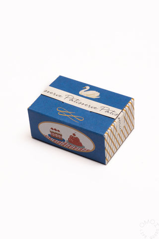 Sticker seal box with blue pastry label design on the box