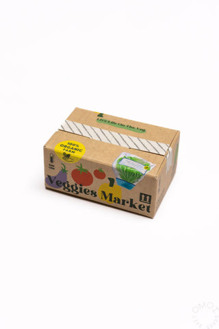 Sticker seal box with kraft VEGGIES MARKET design featuring produce illustrations