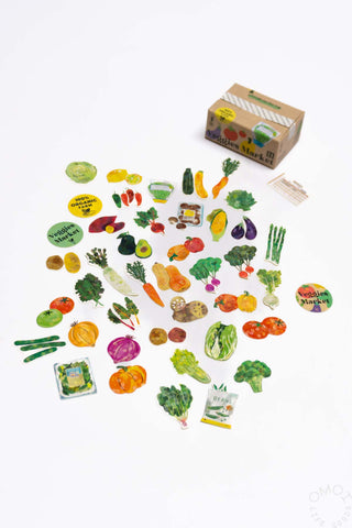 Vegetable-themed seal sticker set with small cardboard box and assorted fruit and veggie stickers