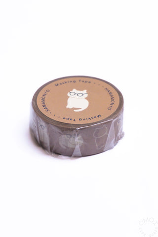 Washi tape roll with cat wearing glasses design, brown background, top label