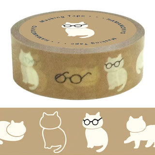 Brown washi tape roll with repeated cat glasses and cat silhouettes pattern