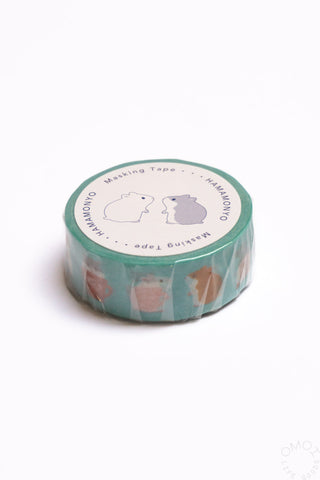 Teal hamster washi tape roll with cute animal faces and circular label text