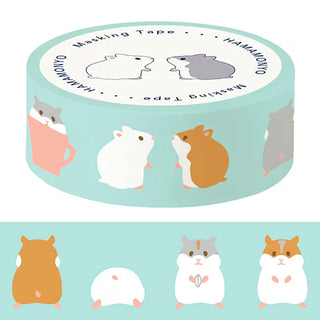 Teal washi tape roll with hamster and mug pattern around the band