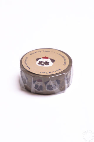 Hamamonyo pug-themed washi tape roll with pug illustration on the top