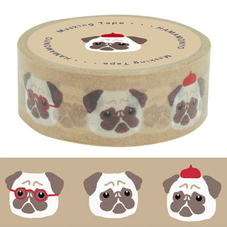 Hamamonyo pug washi tape roll featuring printed pug faces around the tape