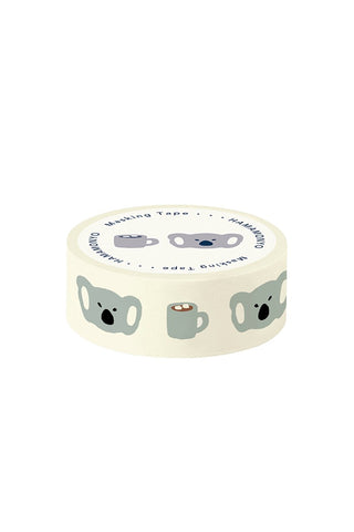 Koala-themed masking tape roll, light beige with repeating animal faces and coffee mug graphics