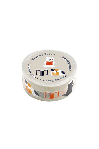 Washi tape roll with reading cats and colorful book icons
